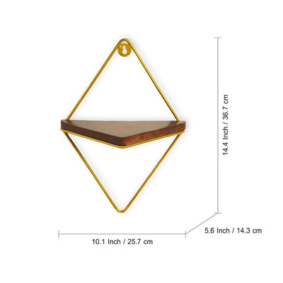 'Diamond Floating' Wall Shelf In Iron & Mango Wood (14.4 Inch, Golden, Handcrafted)