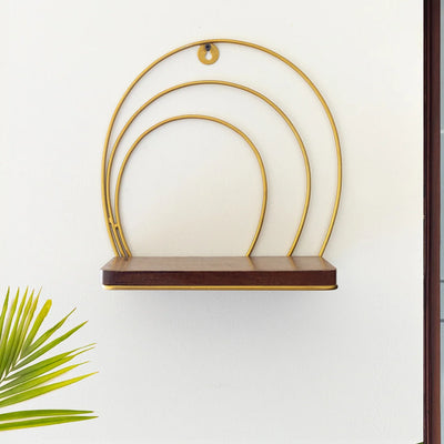 'Halo Floating' Wall Shelf In Iron & Mango Wood (11.6 Inch, Golden, Handcrafted)
