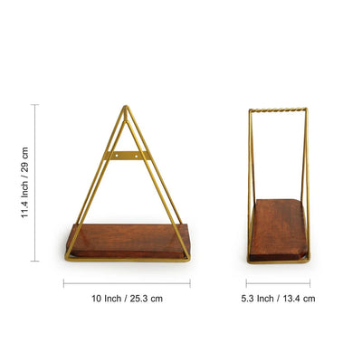 'Pyramid Floating' Wall Shelf In Iron & Mango Wood (11.4 Inch, Golden, Handcrafted)