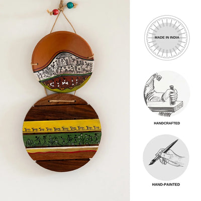 'Warli Tales' Wall Décor Hanging In Terracotta & Sheesham Wood (14.6 Inches, Hand-Painted)