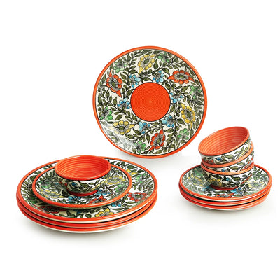 Mughal Bagheecha' Hand-painted Ceramic Dinner Plates With Side/Quarter Plates & Dinner Katoris (12 Pieces | Serving for 4 | Microwave Safe)