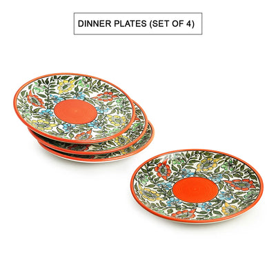 Mughal Bagheecha' Hand-painted Ceramic Dinner Plates With Side/Quarter Plates & Dinner Katoris (12 Pieces | Serving for 4 | Microwave Safe)