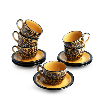 Mughal Floral' Hand-painted Ceramic Coffee & Tea Cups With Saucers (Set of 6 | 160 ML | Microwave Safe)