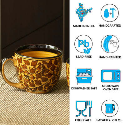 Mughal Floral' Hand-painted Ceramic Tea & Coffee Mugs (Set of 2 | 280 ML | Microwave Safe)