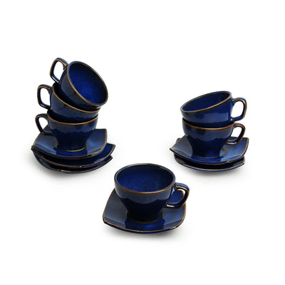Sapphire Galaxy' Hand Glazed Tea Cups & Saucers In Ceramic (Set of 6 | 130 ML | Microwave Safe)