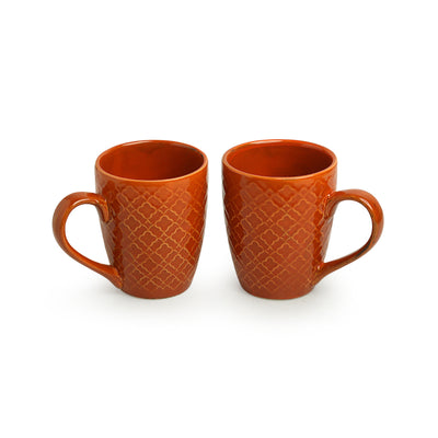Moroccan Tangerine' Hand Glazed & Embossed Coffee Mugs In Ceramic (Set Of 2 | 300 ML | Microwave Safe)