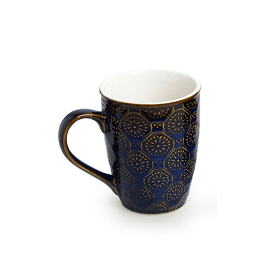 Moroccan Midnight Blue' Hand Glazed & Embossed Coffee Mug In Ceramic (300 ML | Microwave Safe)