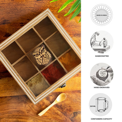 Mystic Owl' Hand-Engraved Spice Box With Spoon In Teak Wood (9 Fixed Partitions | 110 ml)