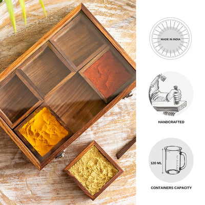 Masala Blends' Handcrafted Spice Box With Spoon In Sheesham Wood (6 Large Containers | 120 ml)
