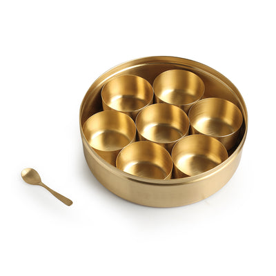 Floral Hand-Etched' Spice Box With Spoon In Brass (7 Containers | 100 ml)
