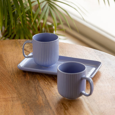 Coral Reef' Glazed Studio Pottery Ceramic Tea & Coffee Mugs with Tray (Set of 2, 300 ml, Purple)