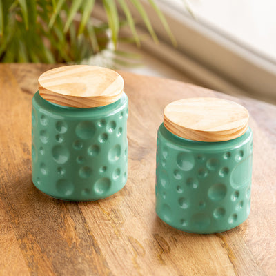 Vibrant Green' Handcrafted Multi-utility Ceramic Storage Jars and Containers (Air-Tight, Set of 2, 720 ml)
