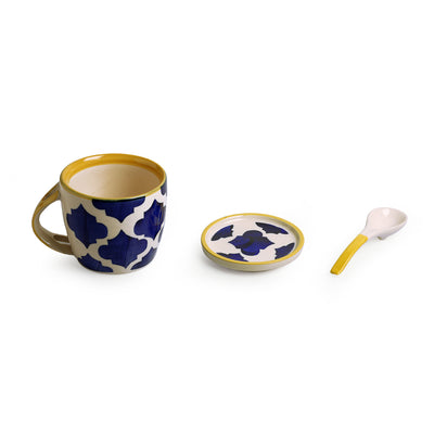 Moroccan' Hand-Painted Ceramic Soup & Coffee Mug With Coaster And Spoon (300 ml)