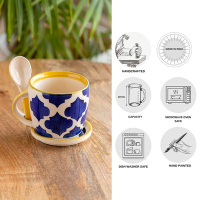 Moroccan' Hand-Painted Ceramic Soup & Coffee Mug With Coaster And Spoon (300 ml)