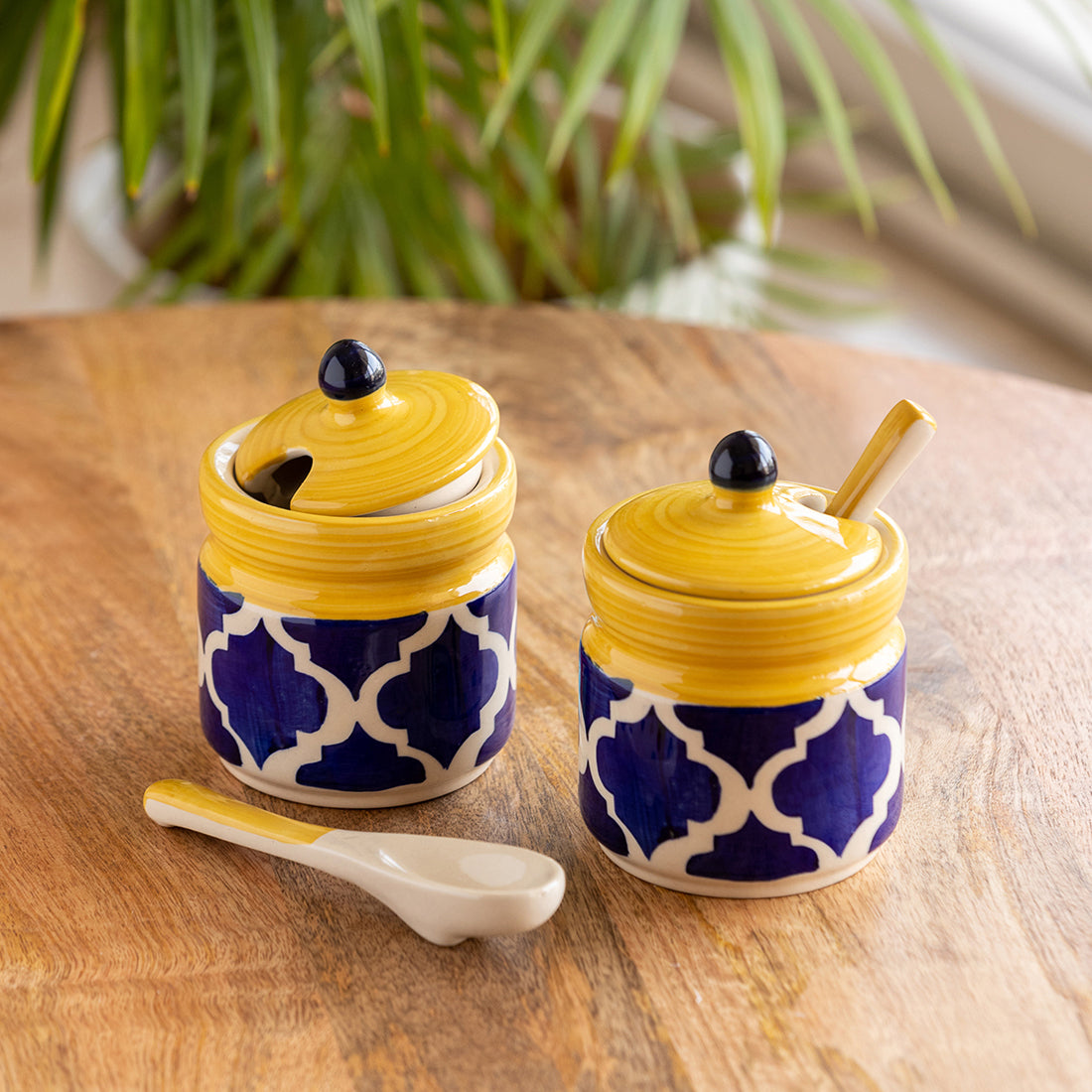 ExclusiveLane Handpainted Ceramic Pickle & Chutney Jars With Spoons (Set Of  2)