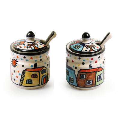 Hut Handpainted' Ceramic Pickle & Chutney Jars With Spoons (Set Of 2)