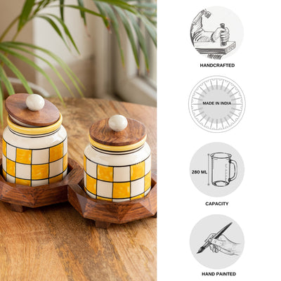 Shatranj Checkered' Hand-Painted Ceramic Storage Jars & Containers with Tray (Set of 2, 440 ML)