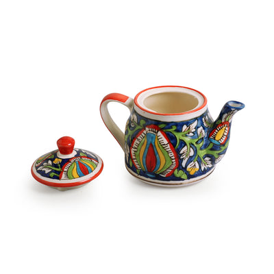 Mughal Floral' Hand-Painted Ceramic Tea Cups & Kettle Set (6 Cups, 1 Kettle)