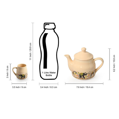 Elephant Motif' Handcrafted Ceramic Tea Cups & Kettle  Set (6 Cups, 1 Kettle)