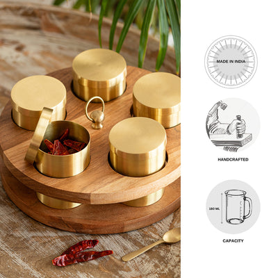Wheel Handcrafted' Spice Holder With Spoon In Brass & Acacia Wood (5 Containers, 180 ml)