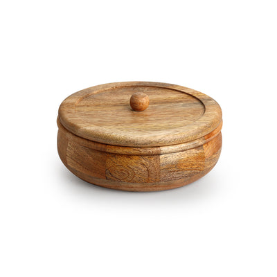 Patched' Handcarved Chapati Box With Lid In Mango Wood (7.9 Inch, 1060 ml)