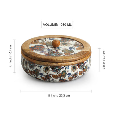 Floral Chronicles' Hand-Enamelled Chapati Box With Lid In Mango Wood (8.0 Inch, 1080 ml)