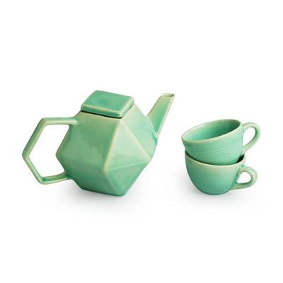 'Caribbean Green' Handcrafted Ceramic Tea Cups & Kettle  Set (2 Cups & 1 Kettle, Microwave Safe)