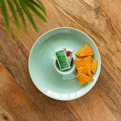 'Caribbean Green' Chip-N-Dip Serving Platter In Ceramic (Hand Glazed, Microwave Safe)