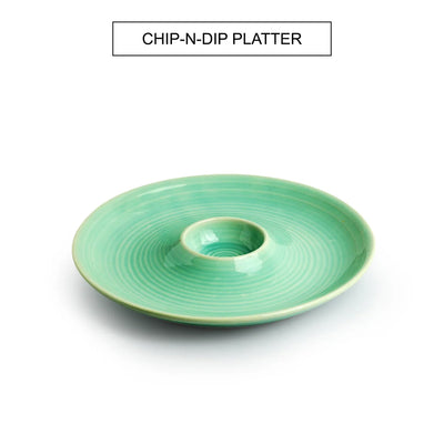 'Caribbean Green' Chip-N-Dip Serving Platter In Ceramic (Hand Glazed, Microwave Safe)