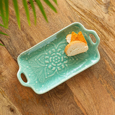 'Caribbean Green' Hand Glazed Serving Platter In Ceramic (Hand-Etched)