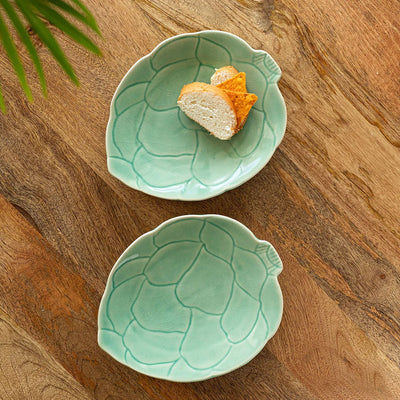 'Caribbean Green' Hand Glazed Serving Platter In Ceramic (Set of 2, Microwave Safe, Hand-Etched)
