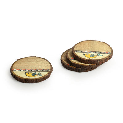 'Yellow Sparrows' Decorative Coasters In Mango Wood (Set of 4, Hand-Painted)