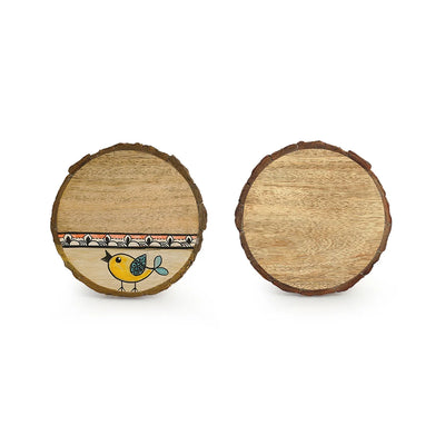 'Yellow Sparrows' Decorative Coasters In Mango Wood (Set of 4, Hand-Painted)