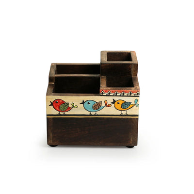 'Flock Of Birds' Cutlery & Stationery Holder In Mango Wood (5 Partitions, Hand-Painted)