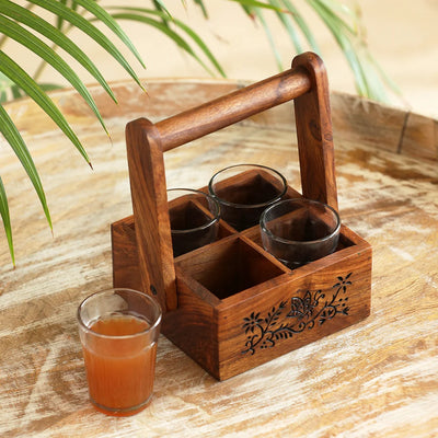 'Floral Foliage' Tea Chai Glasses With Holder (4 Glasses, Sheesham Wood, Pyrographed)