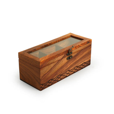 'Diamond Geometrica' Multiutility Tea Box (3 Sections, Sheesham Wood, Pyrographed)