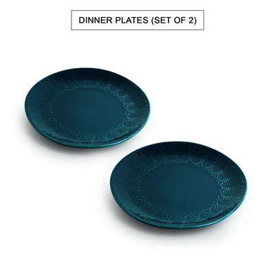'Teal Forest' Hand Glazed Ceramic Dinner Plates (Set of 2, Hand-Etched, Microwave Safe)