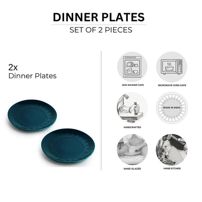 'Teal Forest' Hand Glazed Ceramic Dinner Plates (Set of 2, Hand-Etched, Microwave Safe)