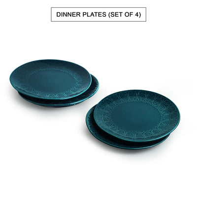 'Teal Forest' Hand Glazed Ceramic Dinner Plates (Set of 4, Hand-Etched, Microwave Safe)