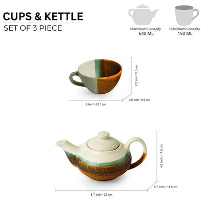 'Zen Garden' Handcrafted Ceramic Tea Cups & Kettle Set (2 Cups & 1 Kettle, Microwave Safe)