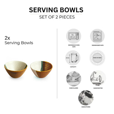 'Zen Garden' Hand Glazed Ceramic Serving Bowls (Set of 2, 300 ml, Microwave Safe)