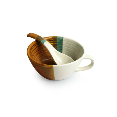 'Zen Garden' Hand Glazed Ceramic Handled Soup Bowls With Spoons (Set of 2, 220 ml, Microwave Safe)