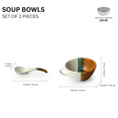 'Zen Garden' Hand Glazed Ceramic Handled Soup Bowls With Spoons (Set of 2, 220 ml, Microwave Safe)