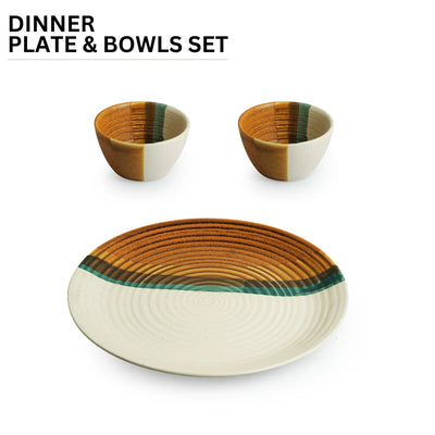 'Zen Garden' Hand Glazed Ceramic Dinner Plate With Dinner Katoris (3 Pieces, Serving for 1, Microwave Safe)