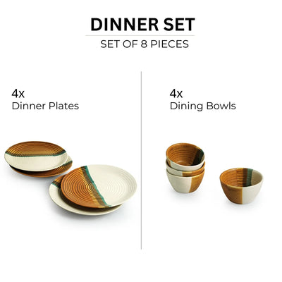 'Zen Garden' Hand Glazed Ceramic Dinner Plates With Dinner Katoris (8 Pieces, Serving for 4, Microwave Safe)