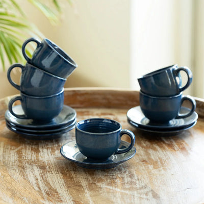 'Ocean Ripples' Hand Glazed Ceramic Tea Cups & Saucers (Set of 6, 120 ml, Microwave Safe)