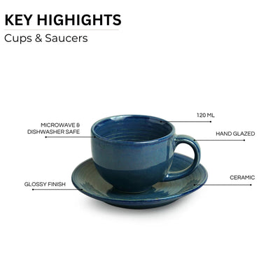 'Ocean Ripples' Hand Glazed Ceramic Tea Cups & Saucers (Set of 6, 120 ml, Microwave Safe)