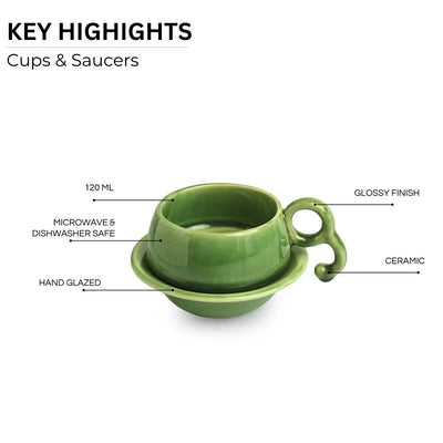 'Jade Forest' Hand Glazed Ceramic Tea Cups & Saucers (Set of 6, 120 ml, Microwave Safe)