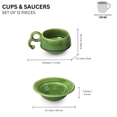 'Jade Forest' Hand Glazed Ceramic Tea Cups & Saucers (Set of 6, 120 ml, Microwave Safe)