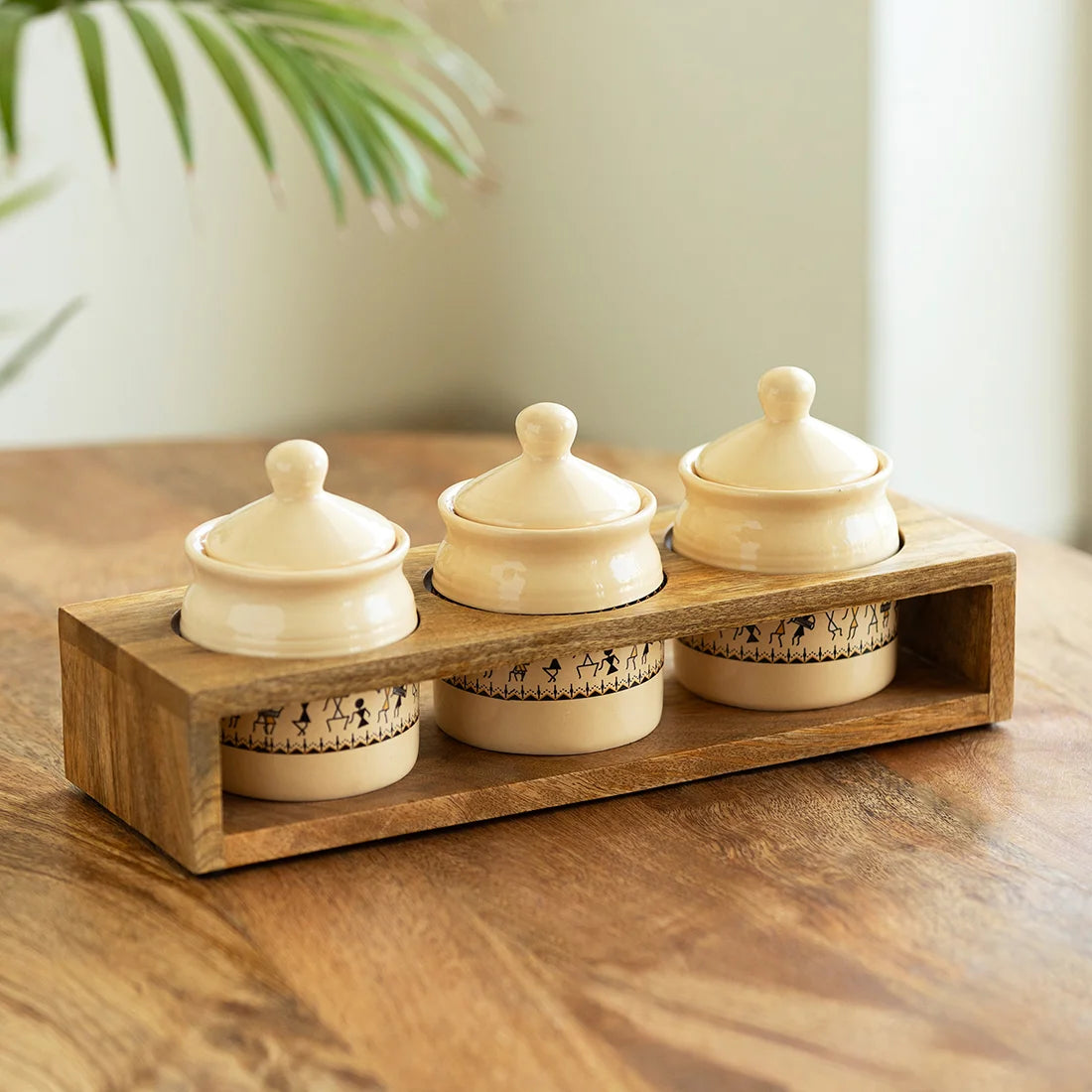 Art Of Warli' Multi-Purpose Ceramic Pickle & Chutney Jar Set With